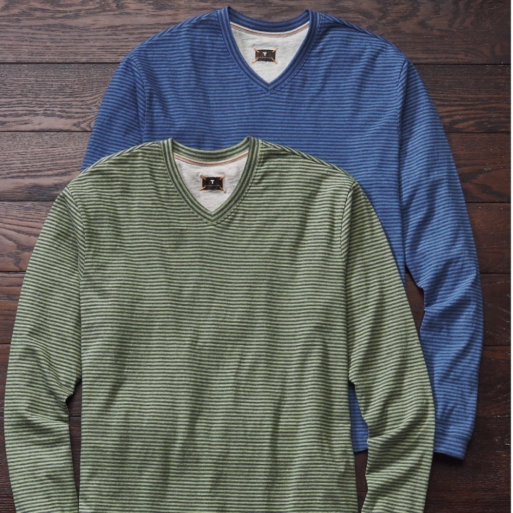 Left Coast Tee Blue Gray Striped V-Neck Men’s Long Sleeve 100% Cotton Tee XL